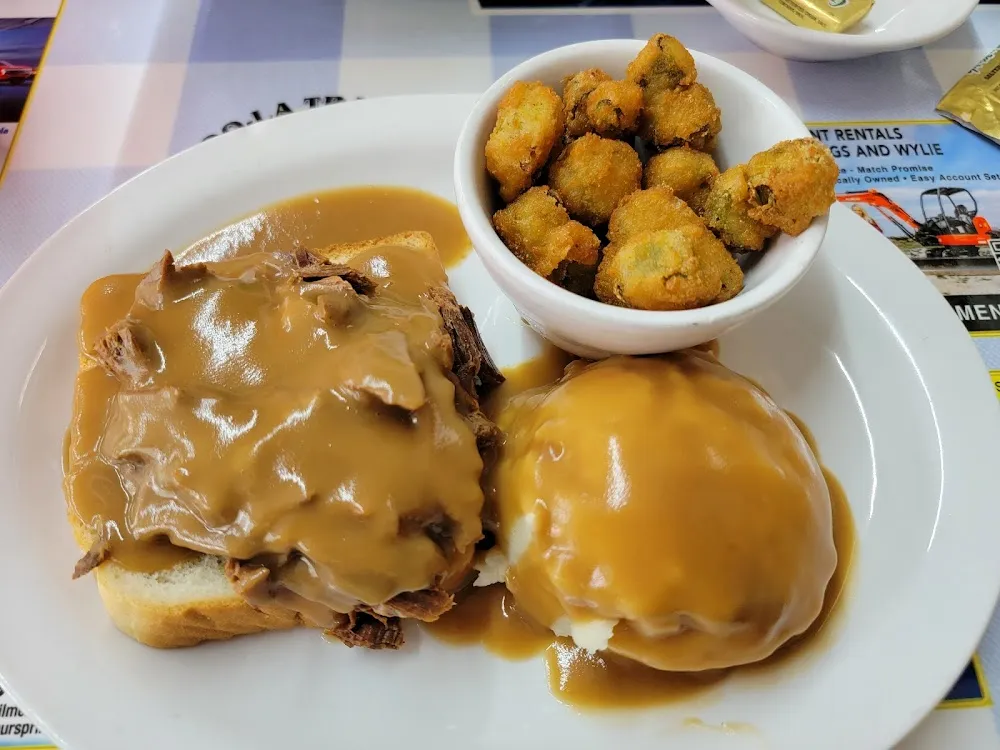 Open Face Roast Beef Sandwich Mashed Potatoes and Gravy Fried Okra